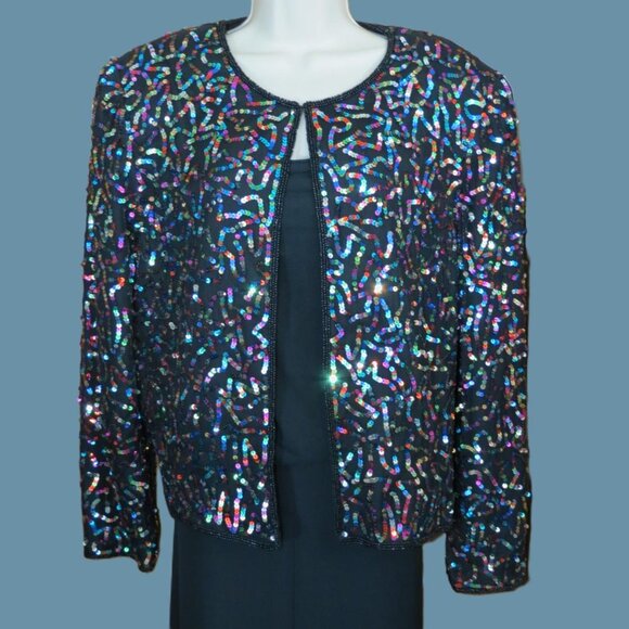 Papell Boutique Evening Black With Multicolored Sequin Jacket Evening Size XL - Picture 1 of 10